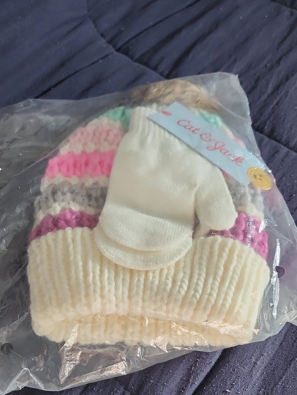 Cat & Jack Cream Knit Beanie with Pink, Purple, Gray & Mint Stripes
